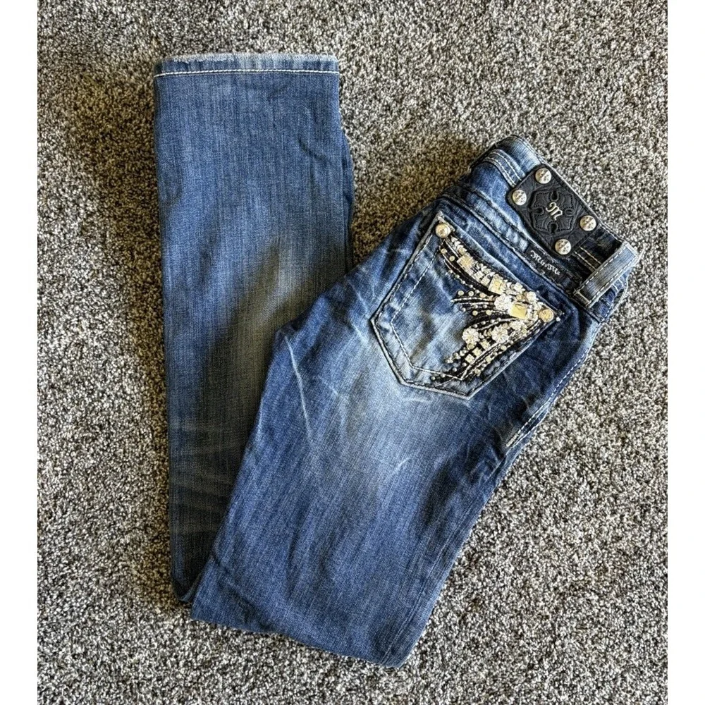 Miss Me Skinny Jeans Blue Bling Embellished Stretch Denim Girls Size 14 25